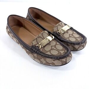 Coach Signature C Monogram Loafer Flats Women's Brown Gold Chain Accent